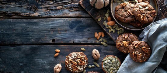 Wall Mural - Fitness cookies with pumpkin seeds nuts on a wooden table in monochrome colors Flat lay with copy space image