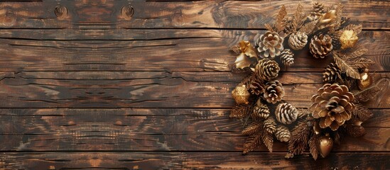 Aufkleber - A rustic wooden wall featuring a Christmas themed gold wreath and extra space for images or text. Creative banner. Copyspace image