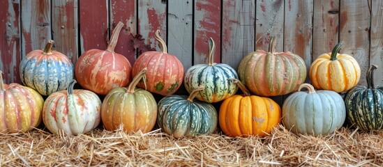 Poster - Row of multicolored autumn pumpkins displayed on straw in a fall harvest scene with copy space image