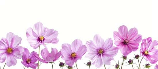 Aufkleber - Copy space image featuring numerous purple cosmos flowers set against a white backdrop
