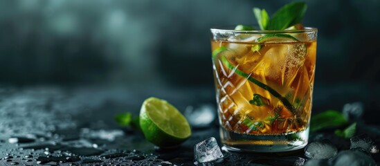 Aufkleber - A glass with an alcoholic drink made with lime rum mint and ice placed on a dark backdrop with space for additional content in the image