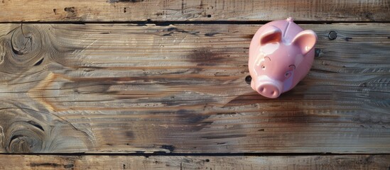 Poster - Wooden table top featuring a piggy bank with copy space image