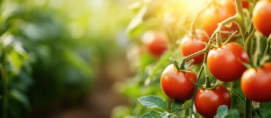 Aufkleber - Fresh ripened red tomatoes growing in an organic greenhouse garden ready for harvest. with copy space image. Place for adding text or design