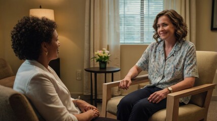 A therapist and a patient engaged in a supportive conversation in a warm, inviting therapy room