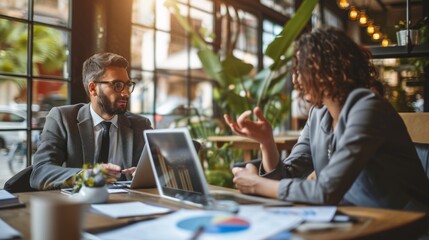 Wall Mural - Two professionals, a man and a woman, in business attire, are having a friendly conversation in a café. They are busy with a laptop and business stuff,  