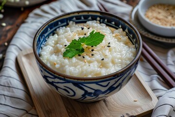 Bowl of savory congee topped with sesame seeds and fresh mint is ready to be enjoyed