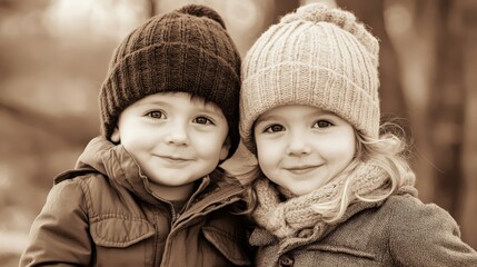 two young children wearing hats and smiling at the camera