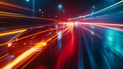 Wall Mural - dynamic night scene with a car in motion on an urban road. striking gold and orange hues, illuminate