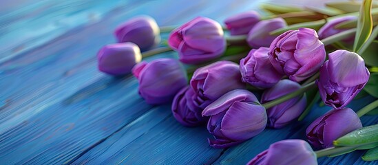 Fototapete - spring flowers holiday background gift ideas for easter or mother s day purple tulips on a wooden ta