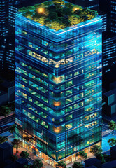 Poster - A tall office building with blue and green glass, isometric view, black background. Generative AI.