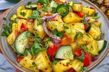 Wall Mural - there is a bowl of fruit salad with cucumber and pineapples