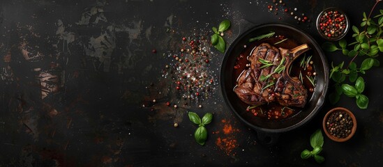 Aufkleber - Grilled ribeye beef steak with herbs and spices on a dark table Top view Copyspace for your text