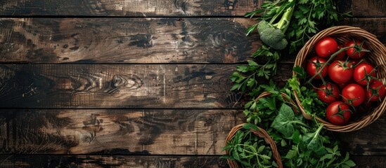 Leinwandbilder - Fresh farm market vegetables organic fruits and greens on a rustic wooden surface Top view with copy space