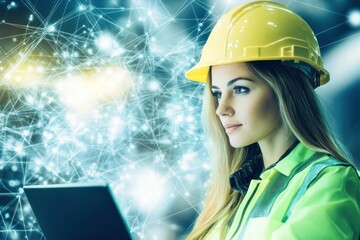 Female engineer with laptop and digital network graphic