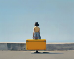 A woman is standing next to a bright yellow suitcase, looking around