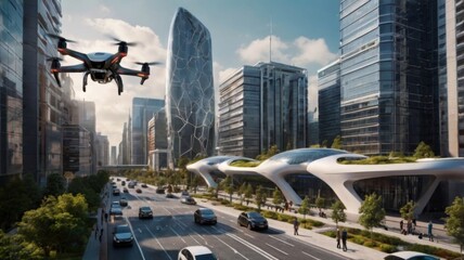 A futuristic cityscape with autonomous vehicles on the roads, AI-powered drones flying above, and robotic assistants helping people in everyday tasks