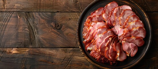 Wall Mural - Homemade smoked ham sliced pork on a wooden surface copy space