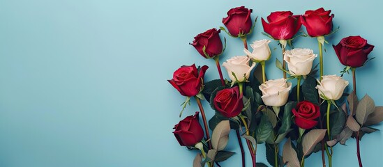 Poster - Arrangement of roses set against a colored background Overhead top view flat lay Copy space Concepts for birthday Mother s Day Valentine s Day Women s Day or Wedding Day
