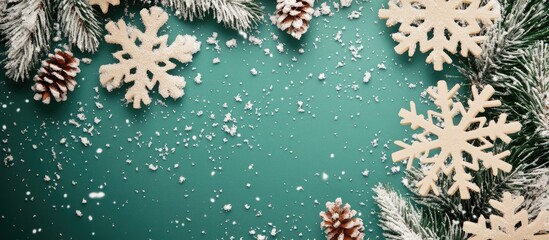 Aufkleber - Unique Christmas background featuring beige snowflakes and copyspace on a green holiday backdrop