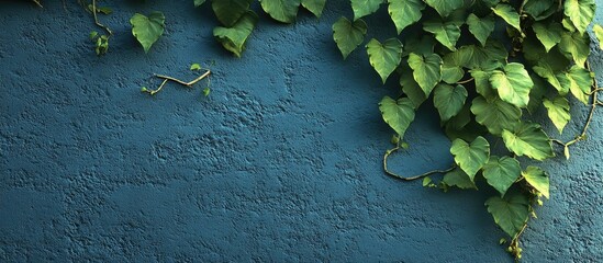 Fototapete - Green leaf vines on a textured blue wall. with copy space image. Place for adding text or design