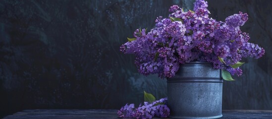 Poster - Bunch of Purple Lilac in a metal container. with copy space image. Place for adding text or design