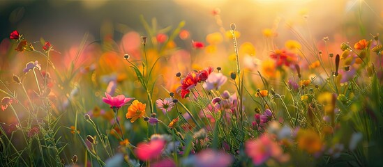 selective and soft focus on grass flowers and wild plants swaying in the breeze and illuminated by a