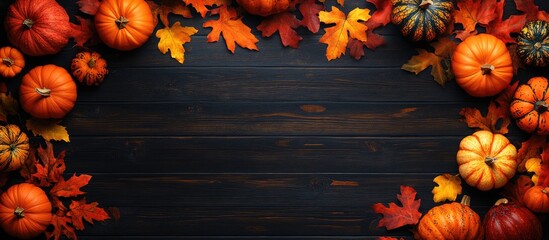 Fototapete - Thanksgiving and Halloween pumpkins leaves and acorn squash arranged on a dark wood table background captured from a top view. with copy space image. Place for adding text or design