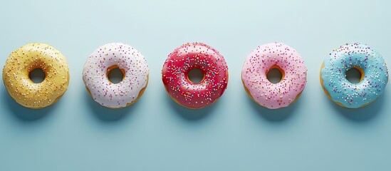 Fototapete - Colorful doughnuts topped with glaze and sprinkles are arranged in a row viewed from above Copy space for text