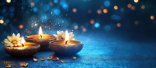 Happy Diwali Lighting diya oil lamps and flowers against a blue backdrop This is a traditional Indian festival of lights Celebrating a religious holiday. with copy space image