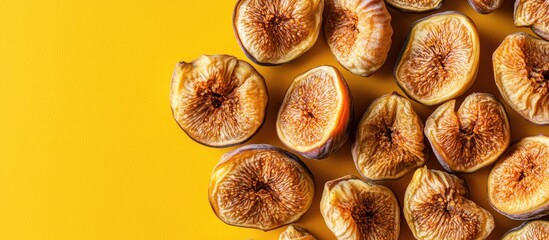 Fototapete - Dried figs on a colored background viewed from above with space for text Nutritious fruit. with copy space image. Place for adding text or design