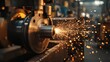 © arhendrix - Close-up of a metal grinding process in an industrial workshop, with bright sparks flying off the machine.