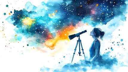 Canvas Print - Watercolor Painting of a Woman Gazing at the Stars Through a Telescope.