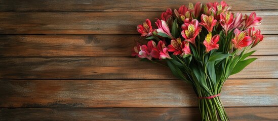 Leinwandbilder - Alstroemeria bouquet on a wooden surface. with copy space image. Place for adding text or design