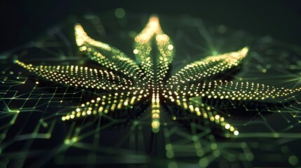 Marijuana leaves on a technology background, close up top view on cannabis leaves and branches on technology background for alternative medical and marketing design concept