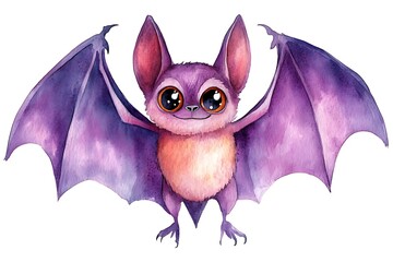 Wall Mural - Watercolor Illustration of a Cute Cartoon Bat with Big Eyes.