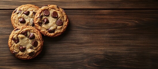 Fototapete - Crispy Milk Chocolate Chip Cookies serve as a tasty snack set against a wooden background with copy space