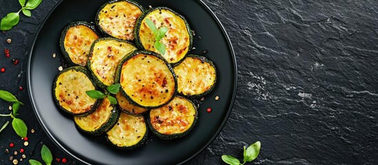 Fototapete - Fried zucchini on a plate against a black stone backdrop Top view flat lay. with copy space image. Place for adding text or design