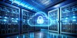 © Sirinporn - High-tech illustration of a scope scanning over a network server room, featuring a cloud and padlock icon, representing online security and digital interface.