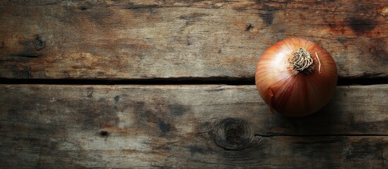 Aufkleber - Close up of a Crimean sweet onion on an aged wooden surface Flat lay Top view Copyspace Selective focus