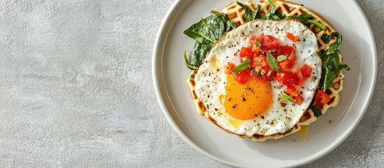 Wall Mural - Fried egg topped with cheese tomatoes and chard alongside a spinach waffle served on a white ceramic plate against a light gray concrete backdrop Breakfast sandwich Selective focus Top view Copy spac