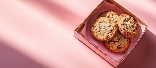 Aufkleber - Oatmeal cookie in a gift box on a pink background with copy space Cookie gift box featuring shadows and sunlight