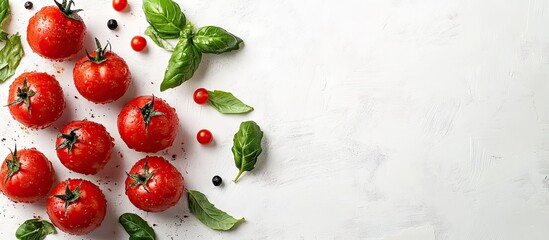 Aufkleber - Red tomatoes on a white painted surface with basil. with copy space image. Place for adding text or design