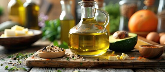 Aufkleber - Various cooking oils and ingredients arranged on a wooden table Area for text. with copy space image. Place for adding text or design