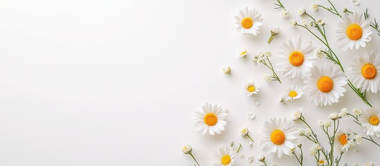 Aufkleber - Flat lay arrangement featuring blooming daisies with text space on a white background Spring flowers. with copy space image. Place for adding text or design
