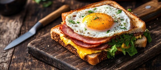 Poster - Homemade sandwiches filled with ham cheese crab sticks and vegetables topped with cheese and a fried egg on bread presented with a knife and fork on a wooden surface The idea of healthy delicious foo