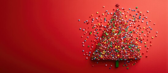 Aufkleber - Christmas tree shape created with scattered multicolored candy toppings on red paper Festive background Copyspace top view