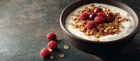 Fototapete - Bowl of granola with oats yogurt fresh raspberries and cranberries. with copy space image. Place for adding text or design