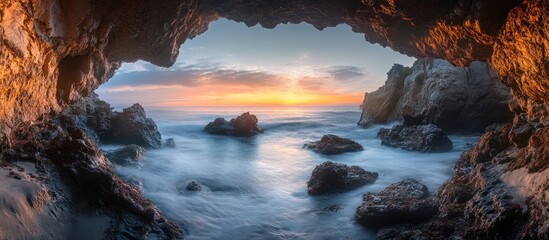 Poster - Coastal cave arch views showcase a stunning full color sunrise over the ocean A long exposure produces a magical effect of the waves moving around the rocks. with copy space image