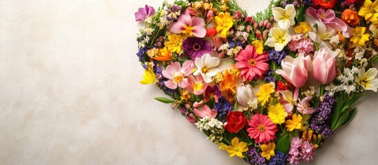 Aufkleber - Heart shape adorned with fresh spring flowers top view. with copy space image. Place for adding text or design