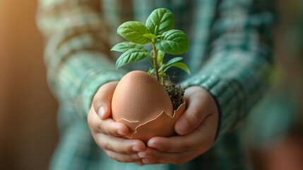 Hands holding plant in eggshell.